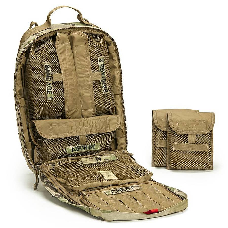 Open Medical Operator Pack in MultiCam with removable mesh pouches and instrument panel; no medical supplies shown.