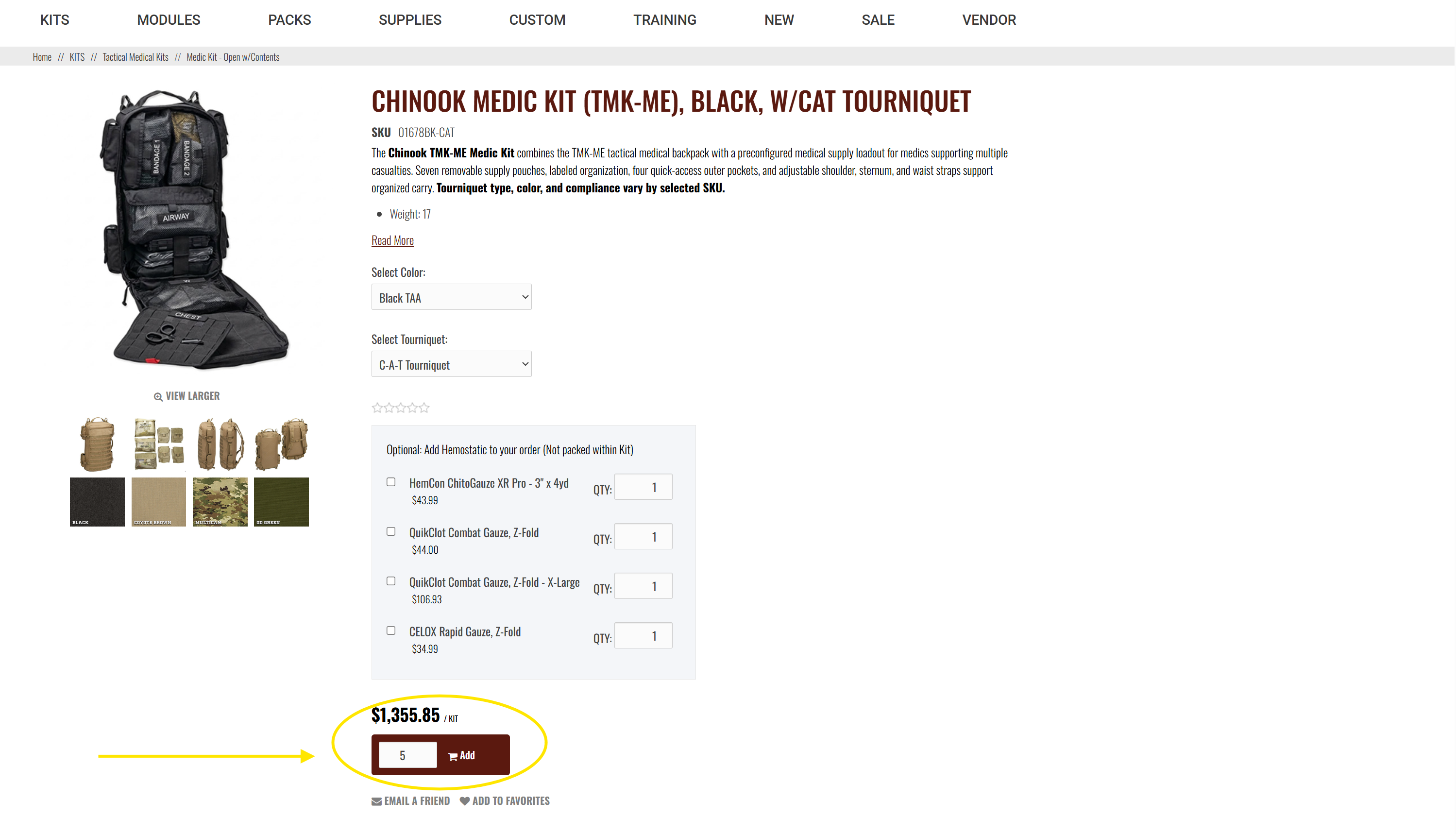 Chinook product page showing product selection and Add to Cart