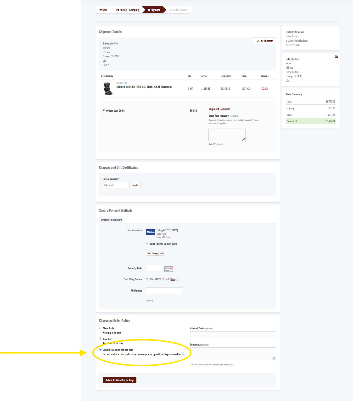 Final Chinook checkout page showing Submit to Sales Rep for Help