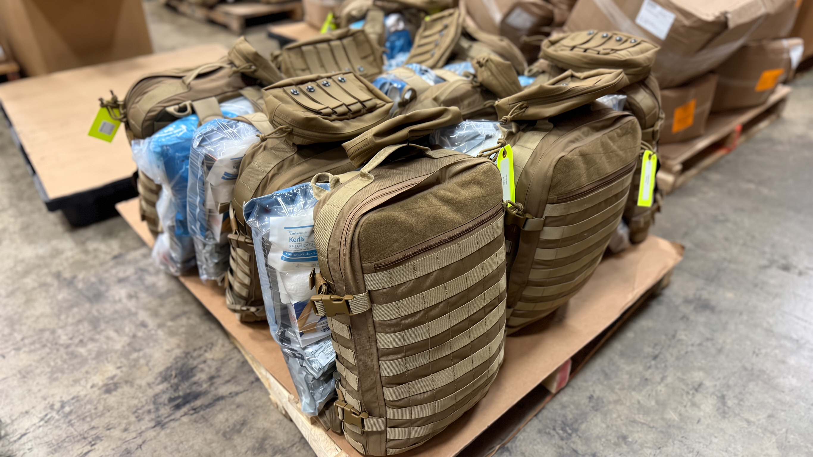 Tan medical packs with packaged supplies arranged together on a work surface